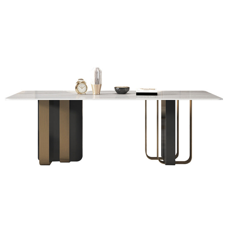 Mesa de comedor rectangular de piedra sinterizada de lujo para interiores con pedestal doble