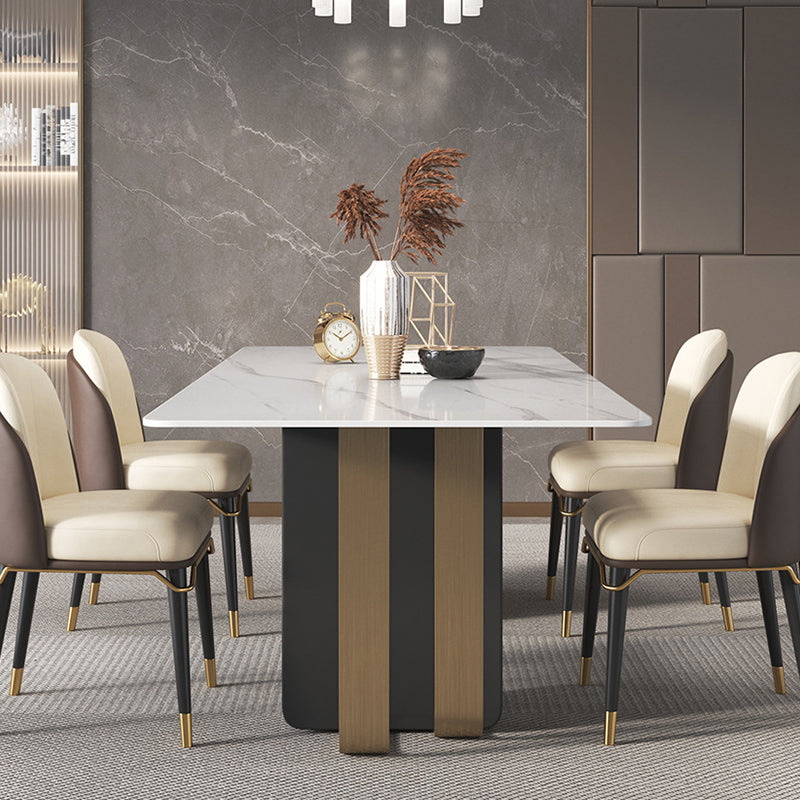 Mesa de comedor rectangular de piedra sinterizada de lujo para interiores con pedestal doble