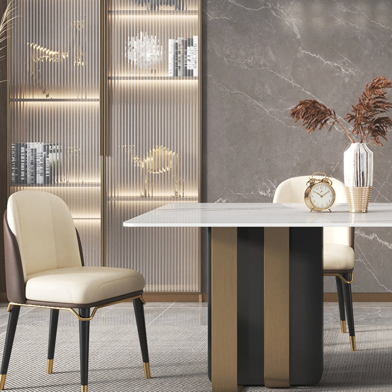 Mesa de comedor rectangular de piedra sinterizada de lujo para interiores con pedestal doble