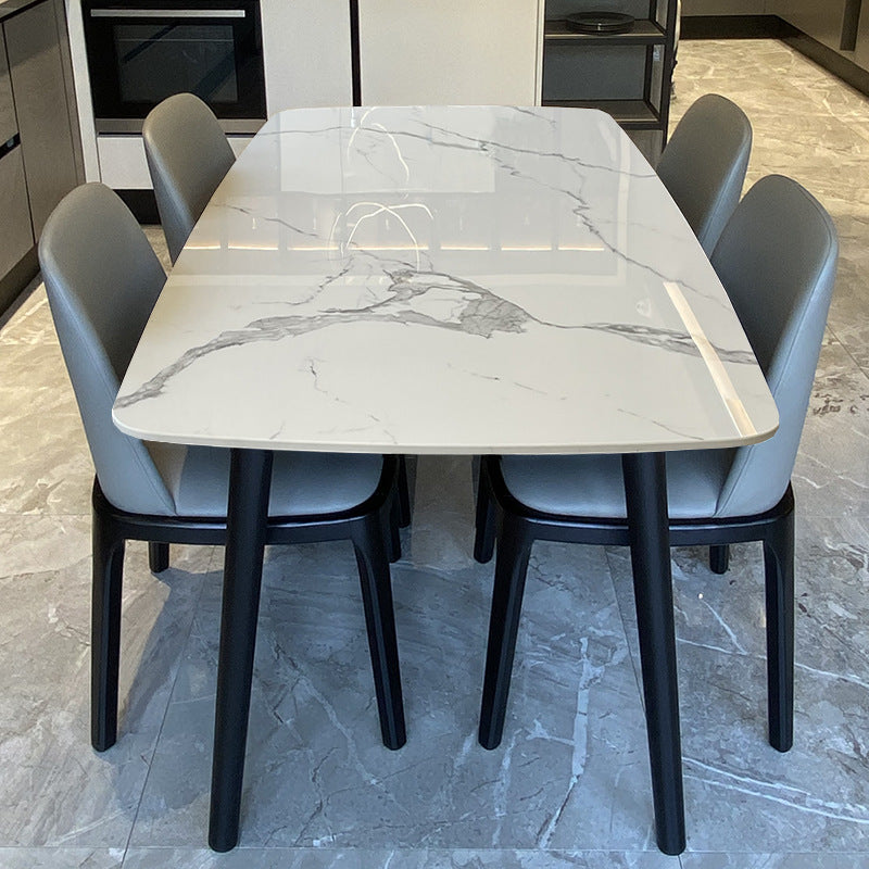 Stone Top Dining Table Modern Rectangle Table with 4 Wood Legs in Black