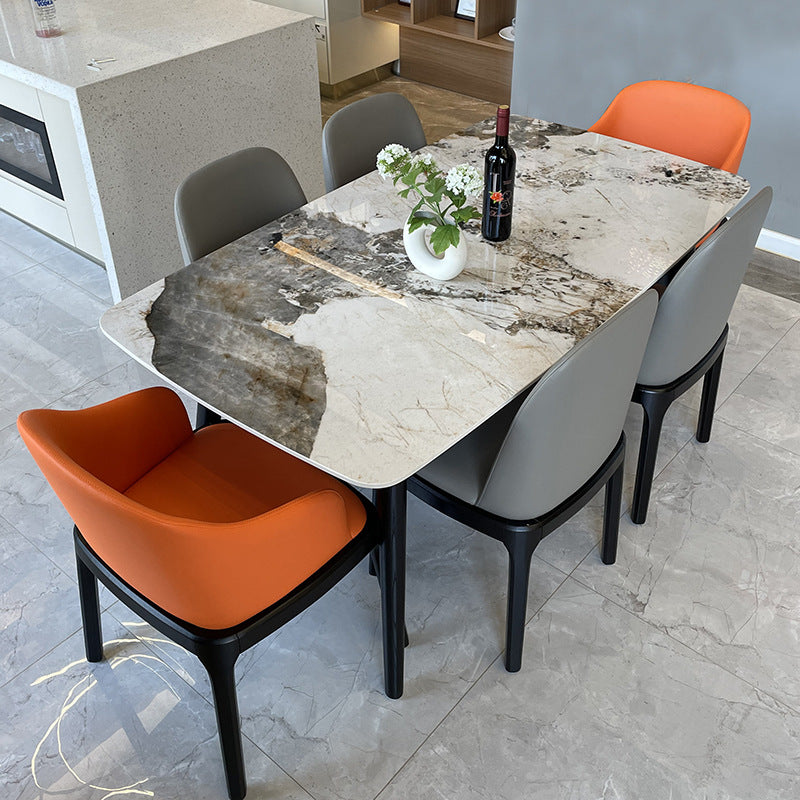 Stone Top Dining Table Modern Rectangle Table with 4 Wood Legs in Black