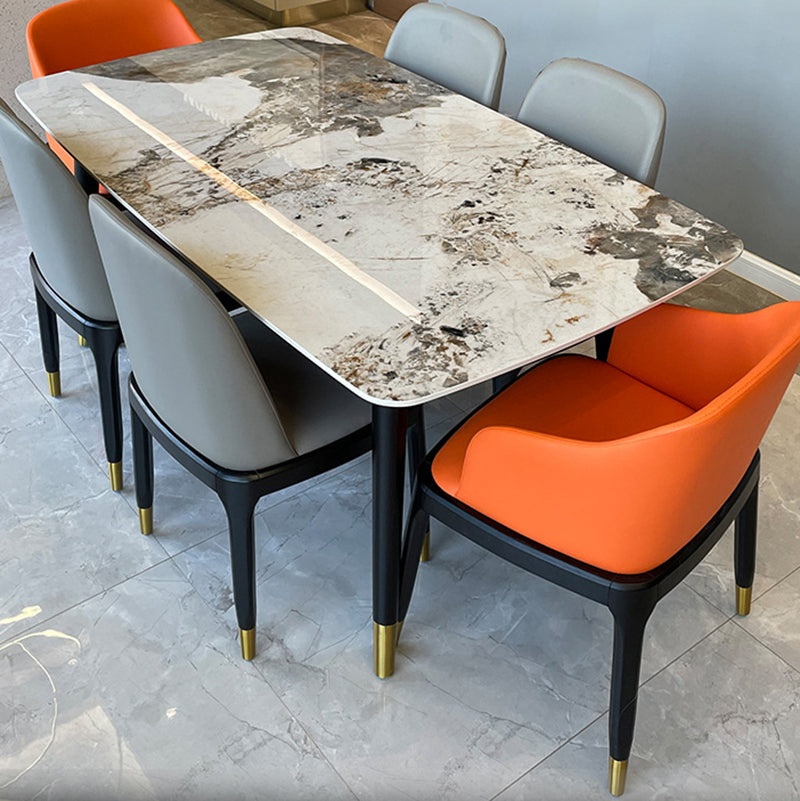 Stone Top Dining Table Modern Rectangle Table with 4 Wood Legs in Black