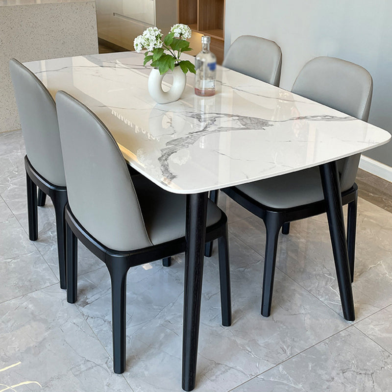 Stone Top Dining Table Modern Rectangle Table with 4 Wood Legs in Black