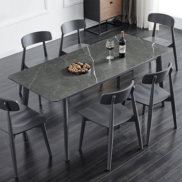 Stone Rectangle Top Table Mid-Century Modern Dining Table with 4 Wood Legs
