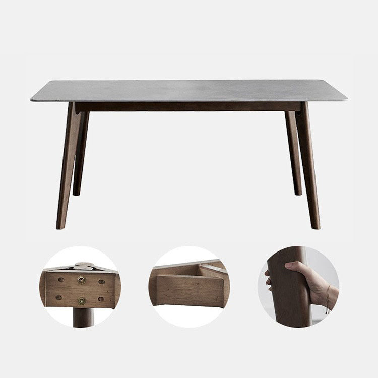 Stone Rectangle Top Table Mid-Century Modern Dining Table with 4 Wood Legs