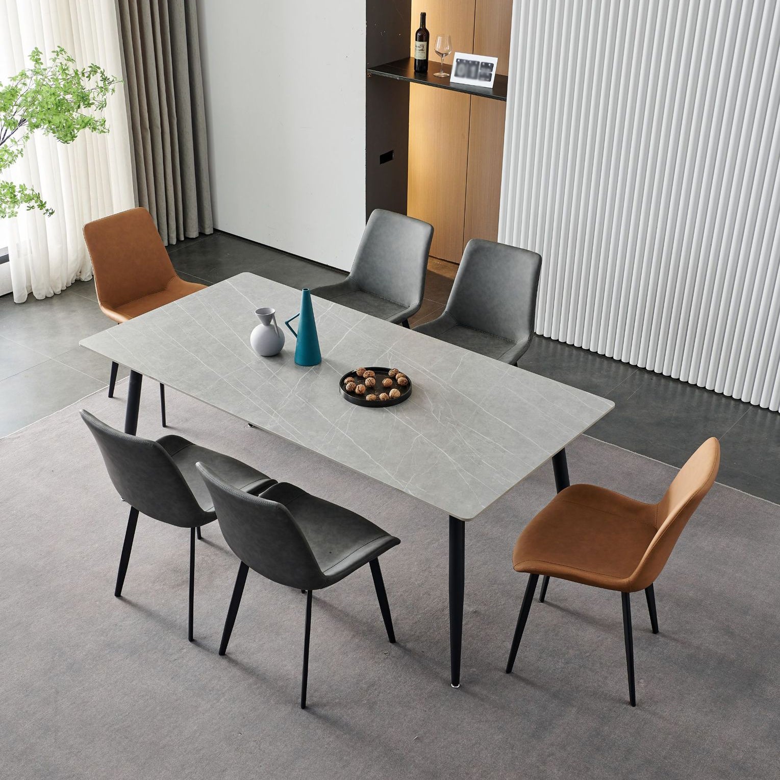 Stone Top Dining Table Traditional Luxury Table with 4 Black Legs