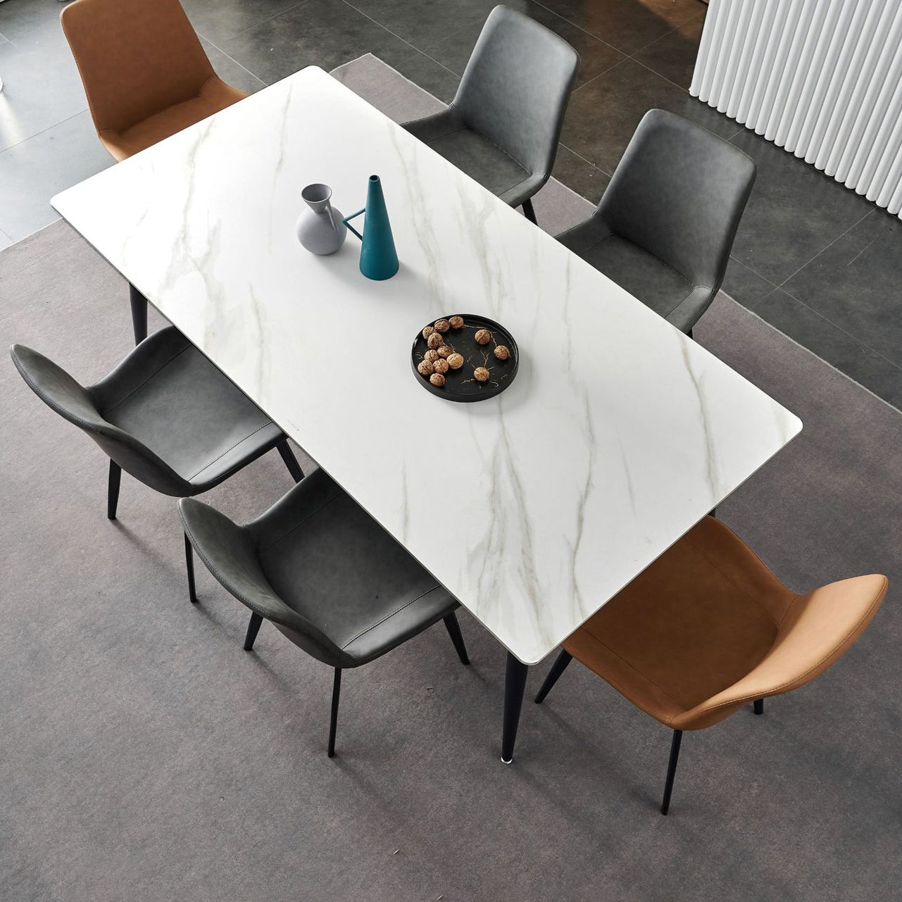 Stone Top Dining Table Traditional Luxury Table with 4 Black Legs
