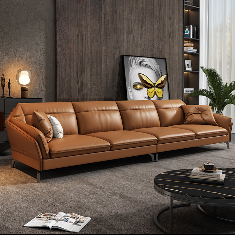 Sloped Arms Genuine Leather Sectional Sofa 35.43"High Cushion Back Sofa, Dark Brown