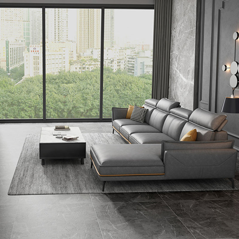 Modern Square Arm Cushion Back Sectional Faux Leather Sofa and Chaise in Dark Gray