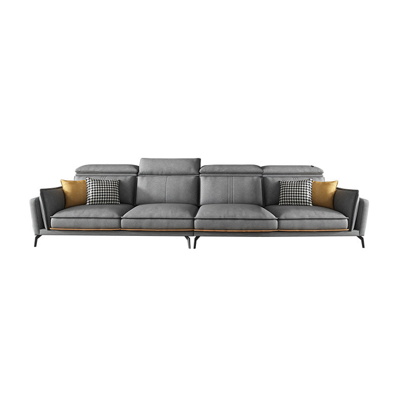 Modern Square Arm Cushion Back Sectional Faux Leather Sofa and Chaise in Dark Gray