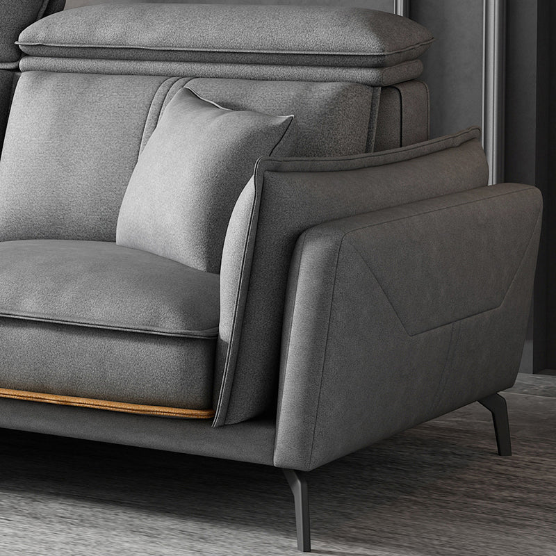 Modern Square Arm Cushion Back Sectional Faux Leather Sofa and Chaise in Dark Gray