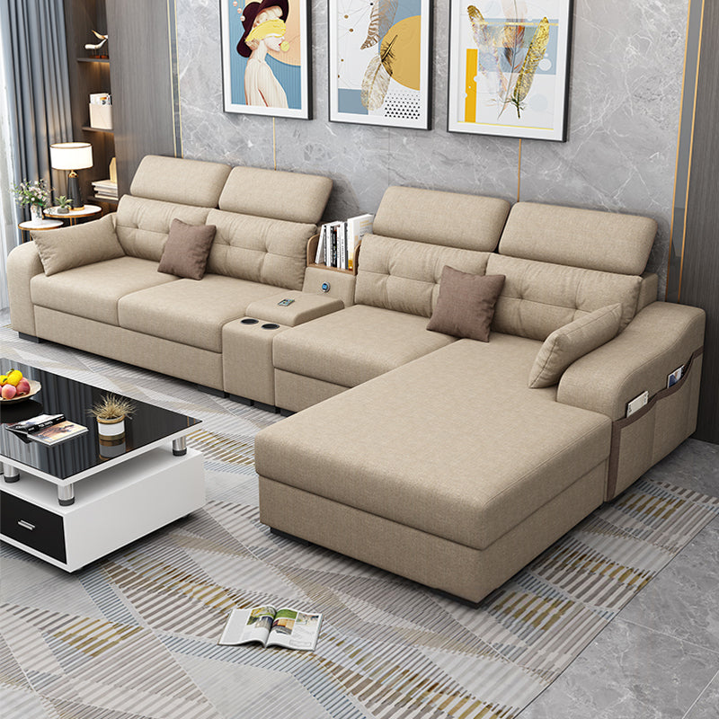 Recessed Arm Pillowed Back Cushions Sofa and Chaise Linen/Faux Leather Sectional