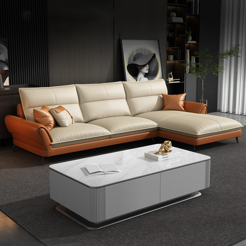 Modern Cream Genuine Leather Sofa Pillow Top Arm Sectional for Apartment
