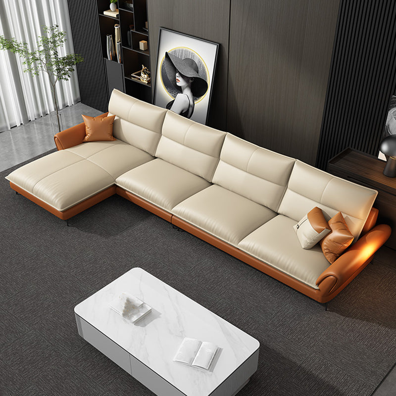 Modern Cream Genuine Leather Sofa Pillow Top Arm Sectional for Apartment
