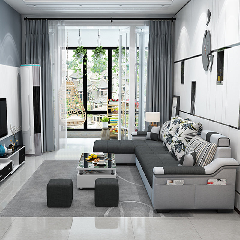 Dark Gray Pillow Top Arm Sectional Upholstered Cushions Back Sofa and Chaise