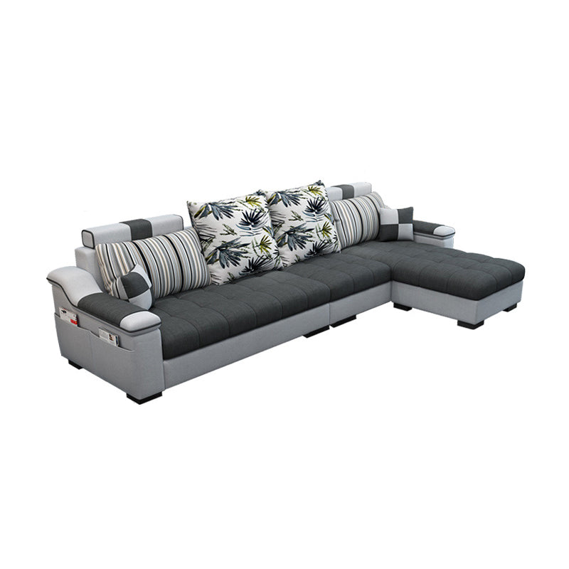 Dark Gray Pillow Top Arm Sectional Upholstered Cushions Back Sofa and Chaise