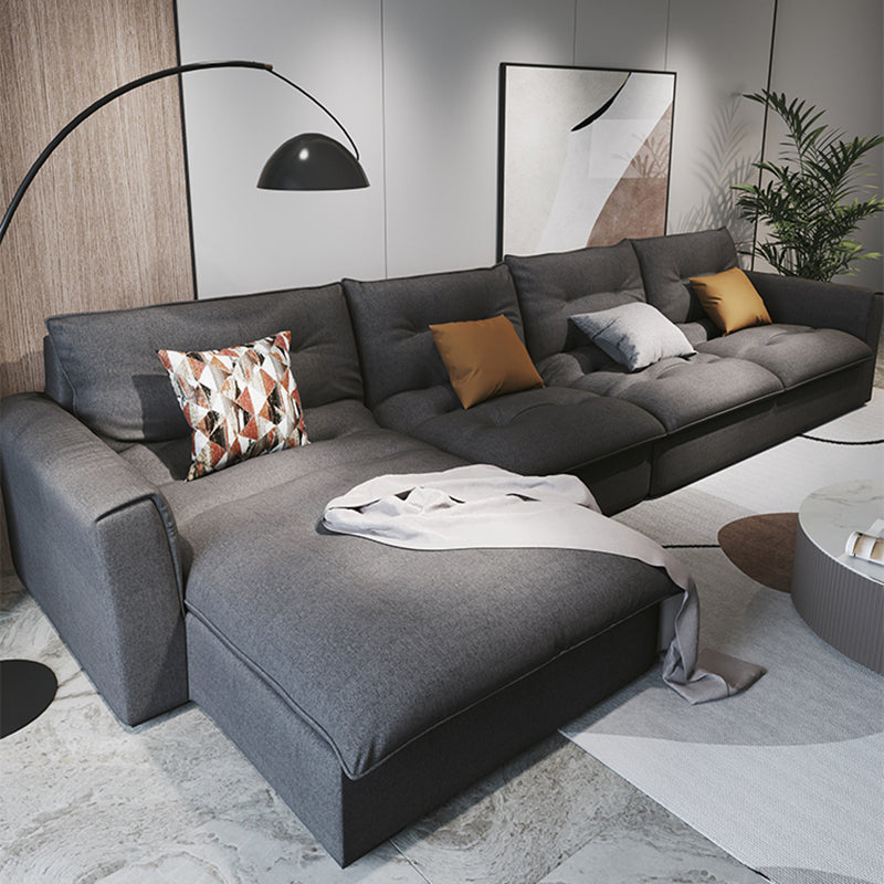 Modern Square Arm Sectional Gray Linen Sofa and Chaise for Apartment
