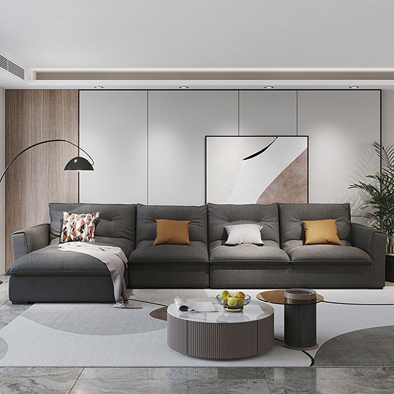 Modern Square Arm Sectional Gray Linen Sofa and Chaise for Apartment