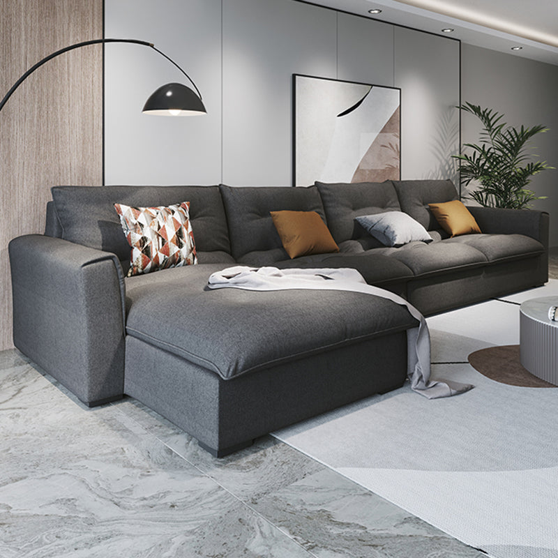 Modern Square Arm Sectional Gray Linen Sofa and Chaise for Apartment