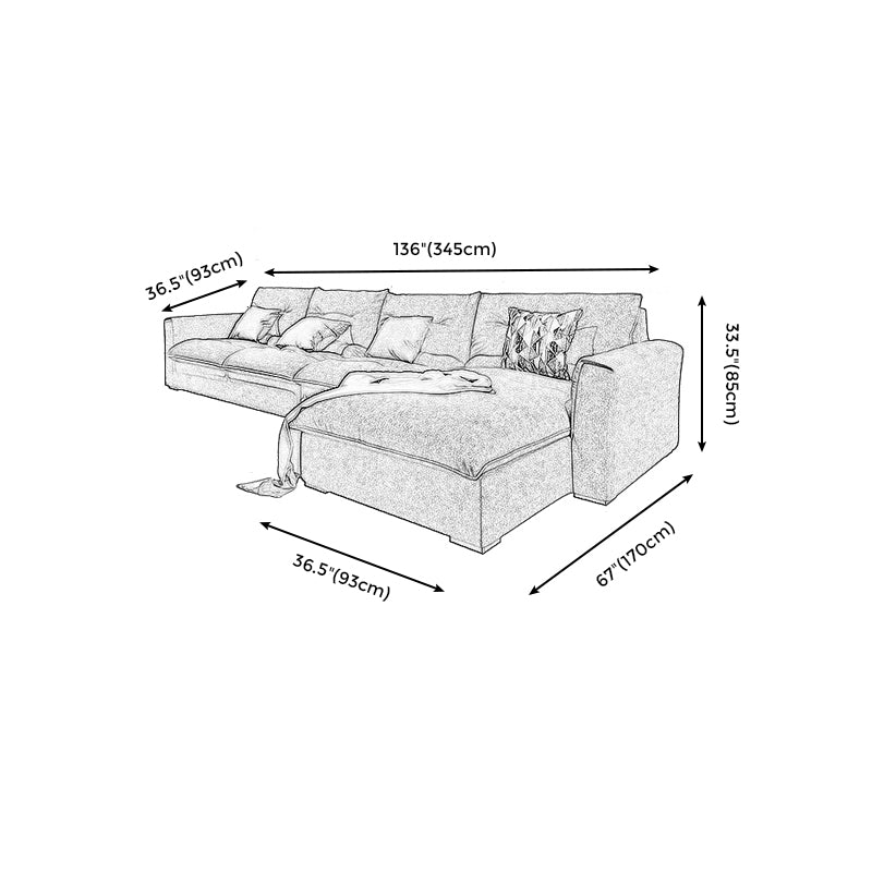 Modern Square Arm Sectional Gray Linen Sofa and Chaise for Apartment