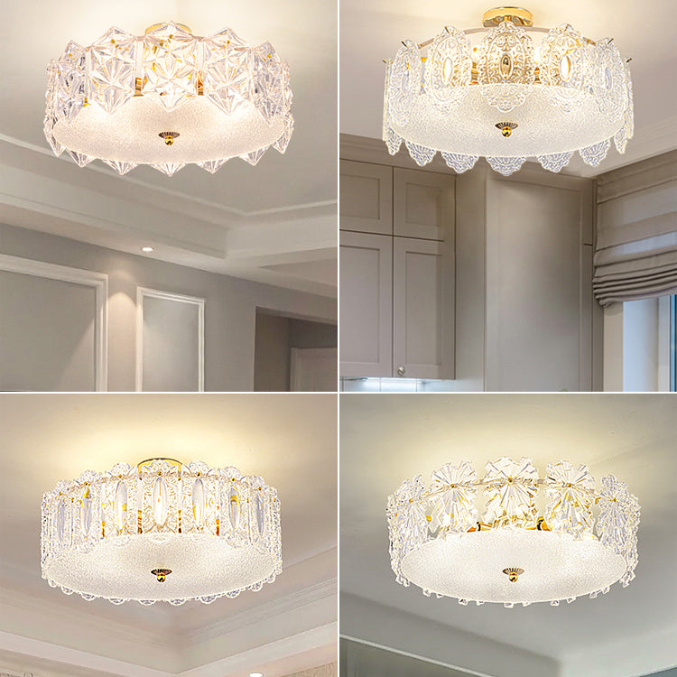 Trommel slaapkamer semi-flush lamp traditionele multi-head gouden plafondverlichting met glazen schaduw