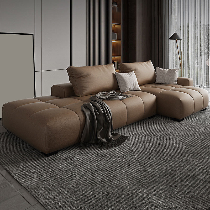 Faux leather Square Arm Sectional Brown L-Shape  Sectional for Living Room