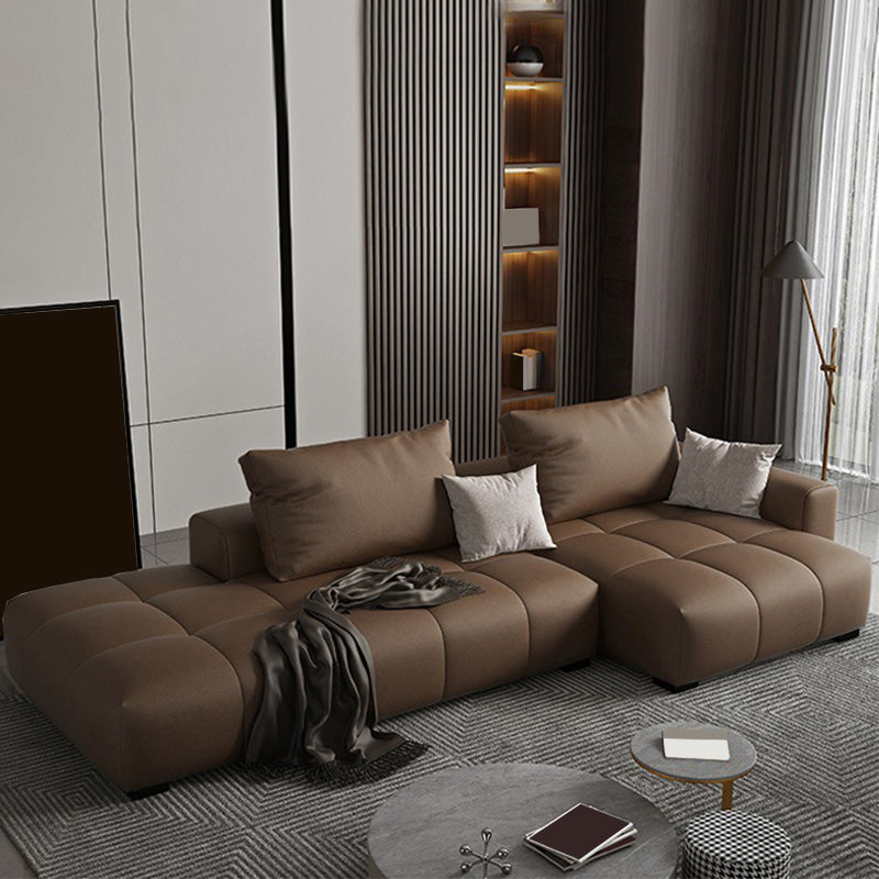 Faux leather Square Arm Sectional Brown L-Shape  Sectional for Living Room