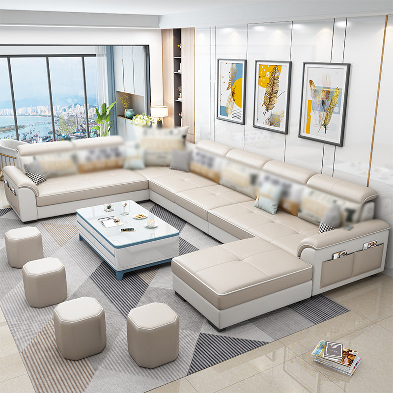 Square Arm Pillowed Back Cushions 6-Seater Faux Leather and Fabric Sectionals Sofas