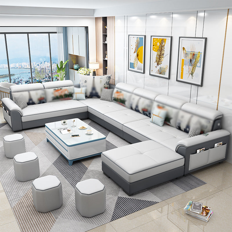 Square Arm Pillowed Back Cushions 6-Seater Faux Leather and Fabric Sectionals Sofas