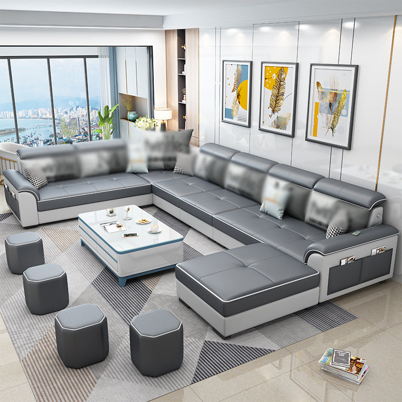 Square Arm Pillowed Back Cushions 6-Seater Faux Leather and Fabric Sectionals Sofas