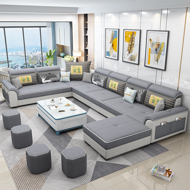 Square Arm Pillowed Back Cushions 6-Seater Faux Leather and Fabric Sectionals Sofas