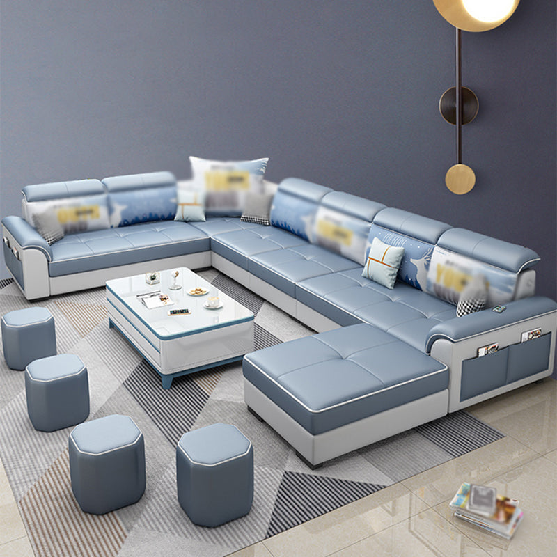 Square Arm Pillowed Back Cushions 6-Seater Faux Leather and Fabric Sectionals Sofas