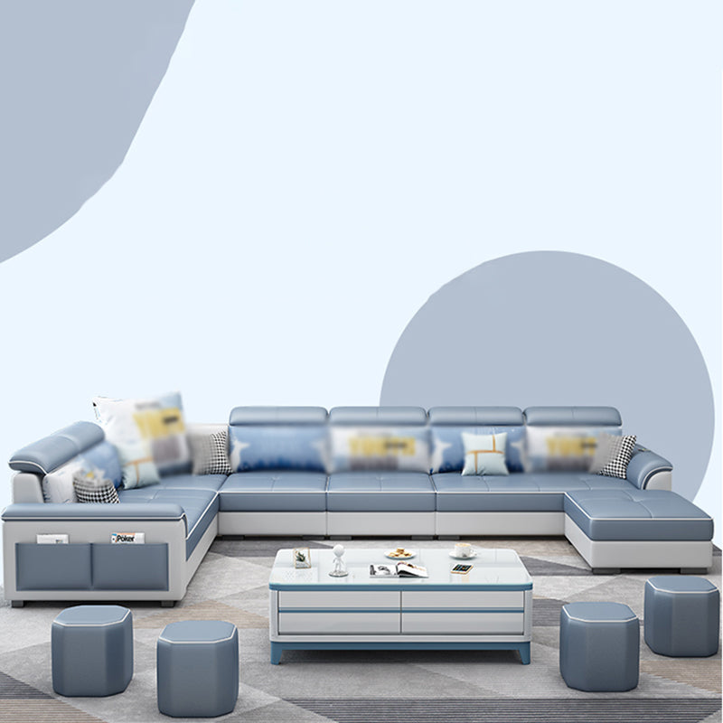 Square Arm Pillowed Back Cushions 6-Seater Faux Leather and Fabric Sectionals Sofas