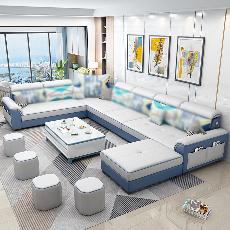 Square Arm Pillowed Back Cushions 6-Seater Faux Leather and Fabric Sectionals Sofas