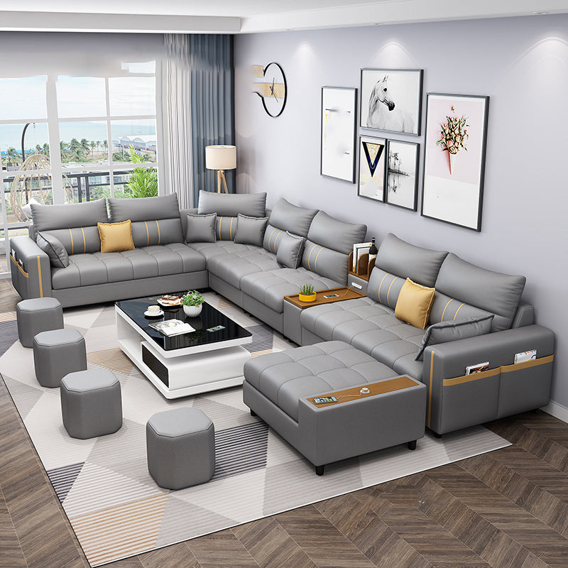 Square Arm Cotton Blend and Faux Leather Sectionals Sofas with Storage