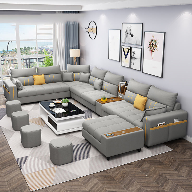 Square Arm Cotton Blend and Faux Leather Sectionals Sofas with Storage