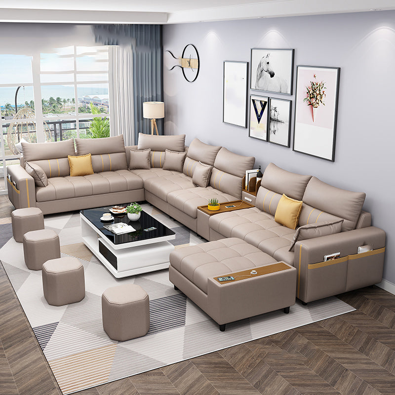 Square Arm Cotton Blend and Faux Leather Sectionals Sofas with Storage