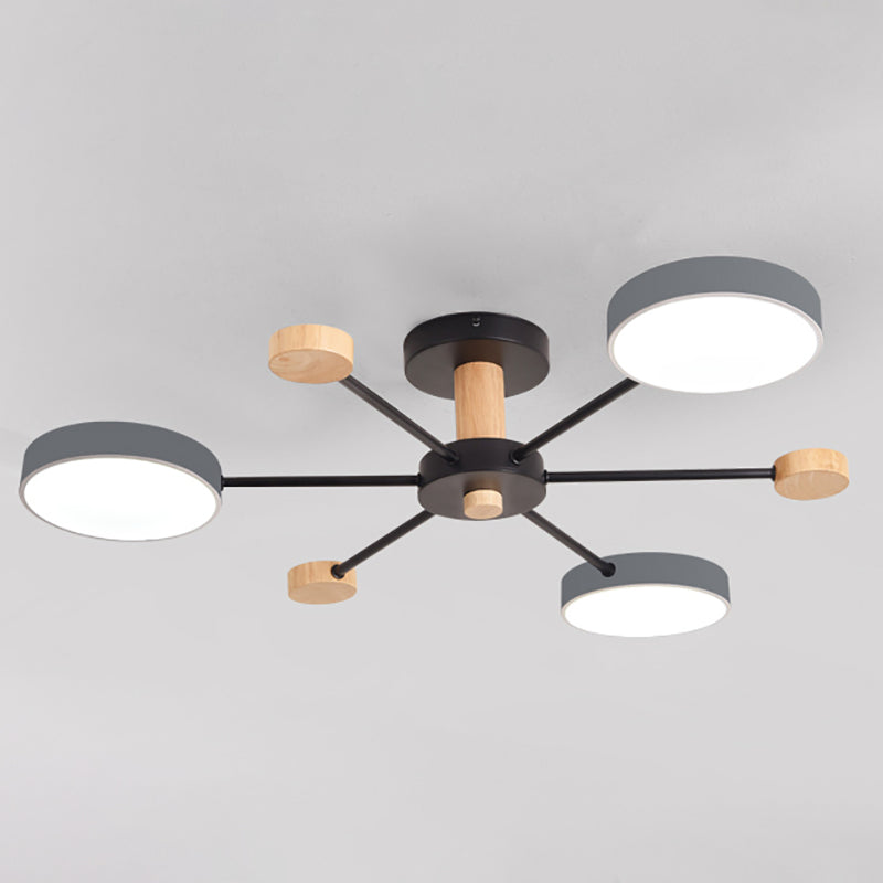 Luz de techo redondo nórdico Luz de montura de montura de luz múltiple con madera para dormitorio
