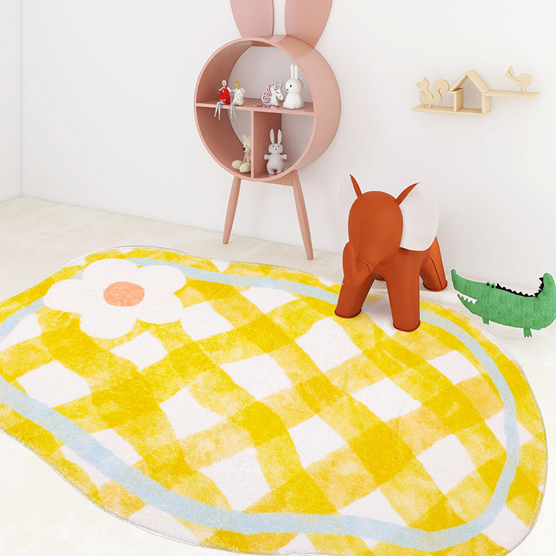 Yellow Modern Rug Polyester Checked Pattern Rug Washable Rug for Living Room