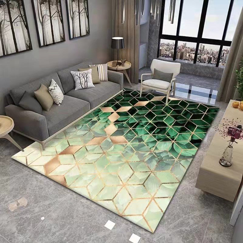 Green Cube Pattern Rug Polyester Modern Rug Washable Rug for Living Room