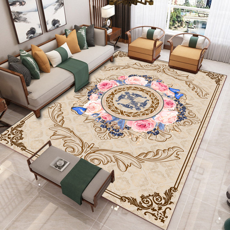 Light Brown Flower Rug Polyester Retro Rug Washable Rug for Drawing Room