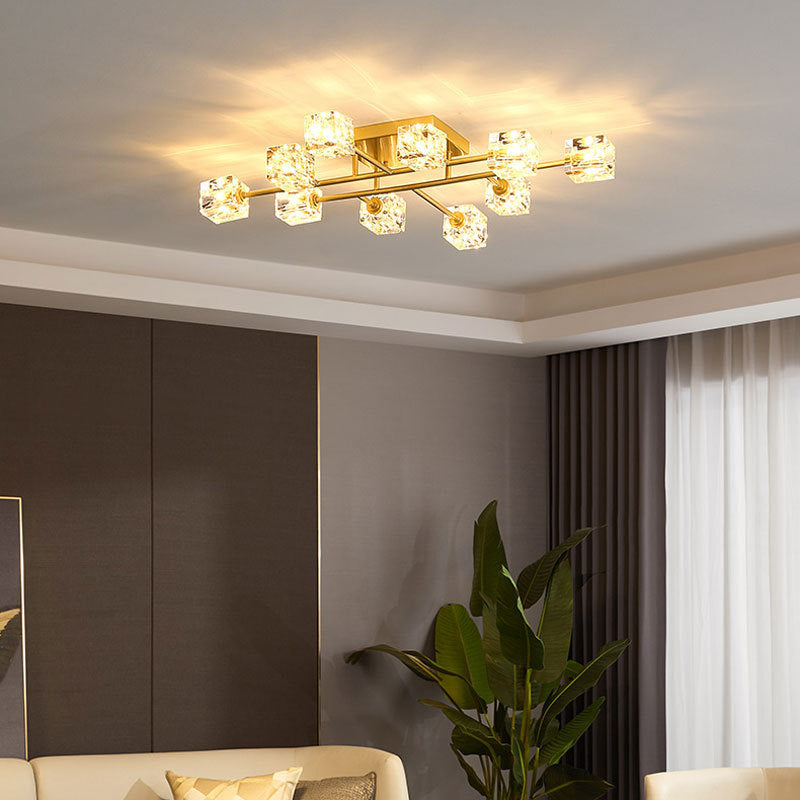 Zeitgenössischer Würfel Flush Light Crystal Flush Mount Deckenbestand in Gold