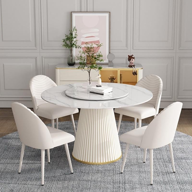 Modern Round Dinette Table Metal Base Pedestal Stone Top Dining Table in White