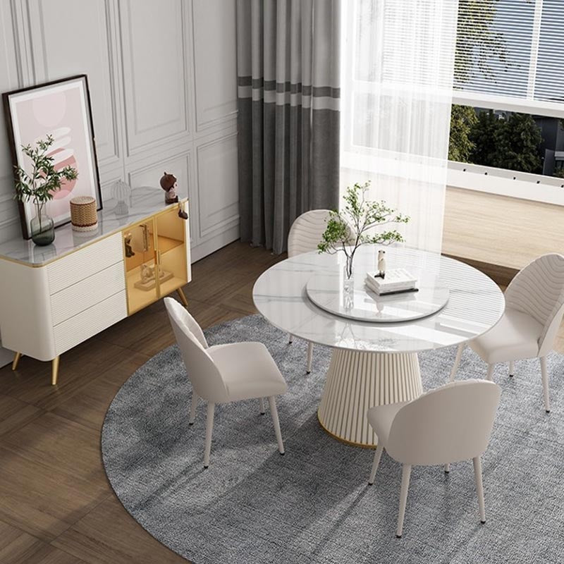 Modern Round Dinette Table Metal Base Pedestal Stone Top Dining Table in White