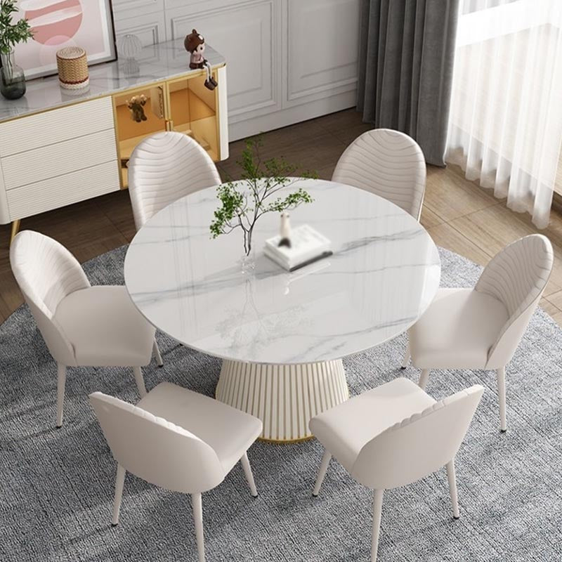 Modern Round Dinette Table Metal Base Pedestal Stone Top Dining Table in White