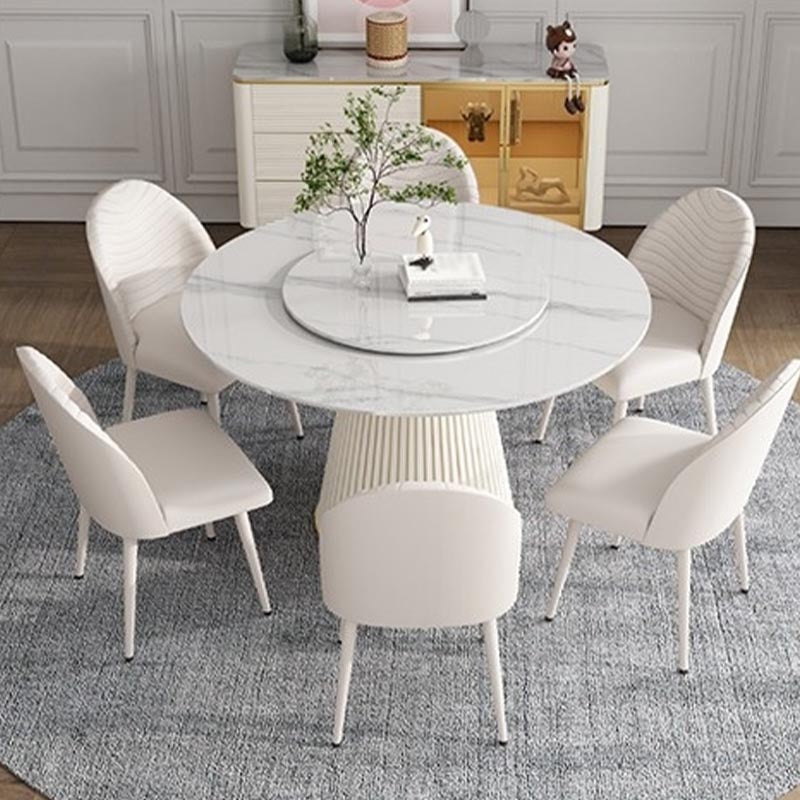 Modern Round Dinette Table Metal Base Pedestal Stone Top Dining Table in White