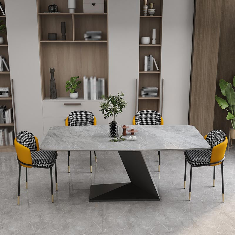Stone Top Modern Dining Room Table Rectangle Dining Table with Black Pedestal Base