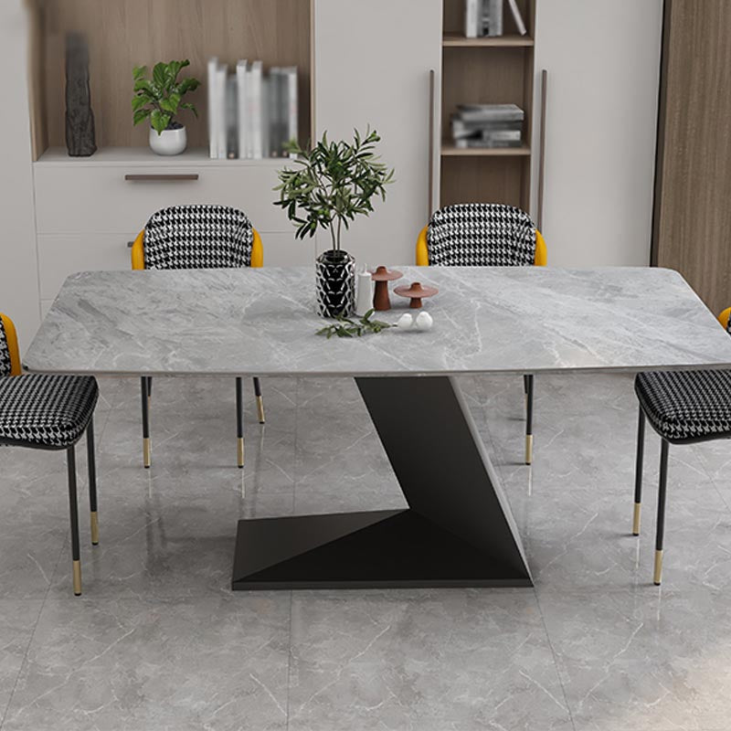 Stone Top Modern Dining Room Table Rectangle Dining Table with Black Pedestal Base
