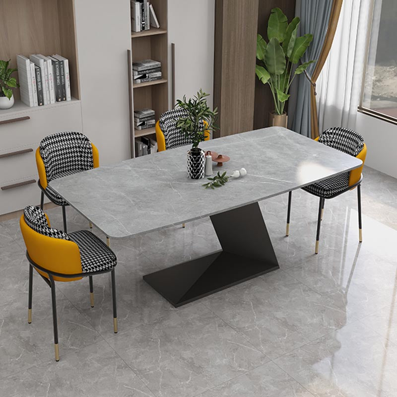 Stone Top Modern Dining Room Table Rectangle Dining Table with Black Pedestal Base