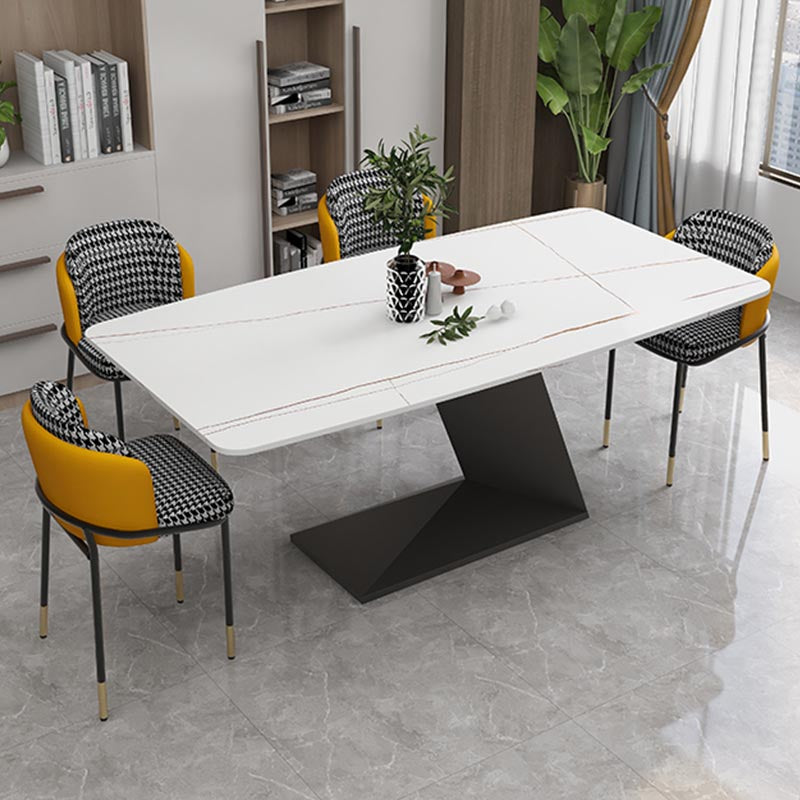 Stone Top Modern Dining Room Table Rectangle Dining Table with Black Pedestal Base